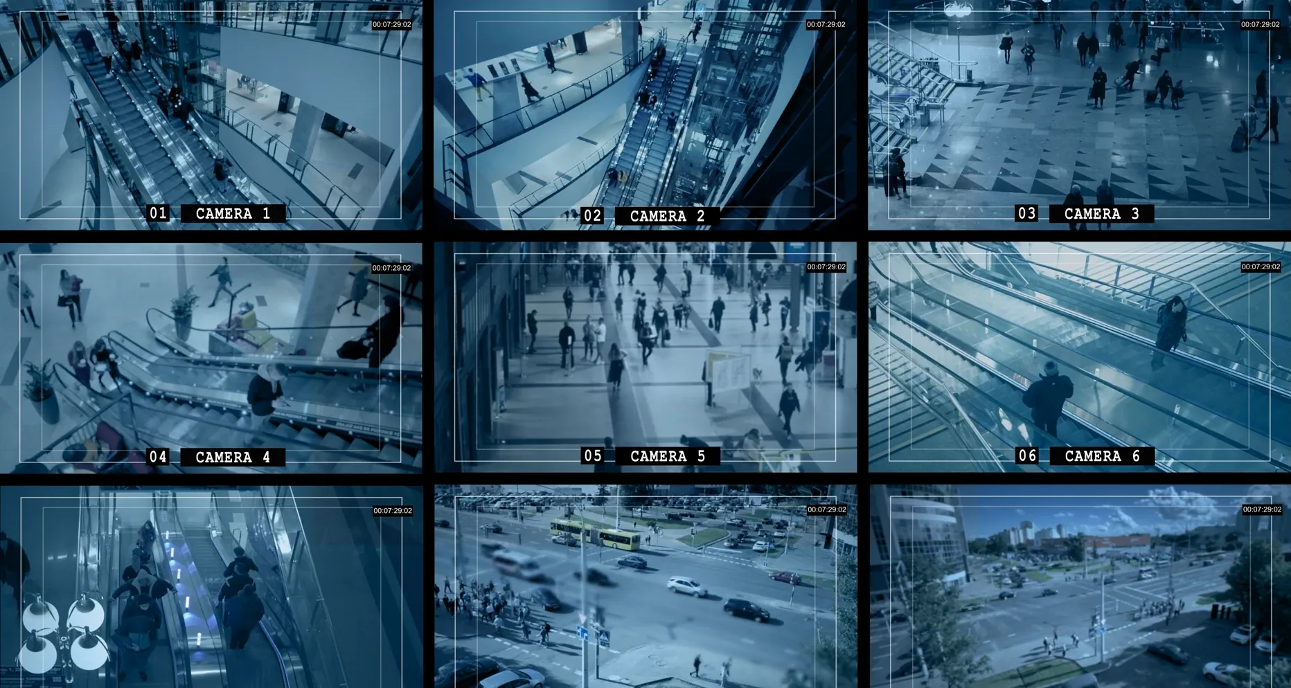 Security camera feeds covering a shopping centre, a transit concourse and city streets.